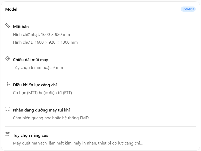 Máy 1 kim thiết kế may túi khí - thông số kỹ thuật 1